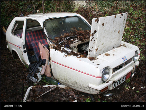 Pistonheads Endulge Seconds - The image portrays a white Volkswagen Beetle in a dilapidated state. The car is missing its roof and has an open hatch that gives a clear view inside. The car's salvageable interior features a red and black checkered seat, while the outside is covered in leaves and mud, suggesting it's been outside for some time. The car is propped up in an outdoor area, possibly in woods, adding to the overall sense of neglect and abandonment.