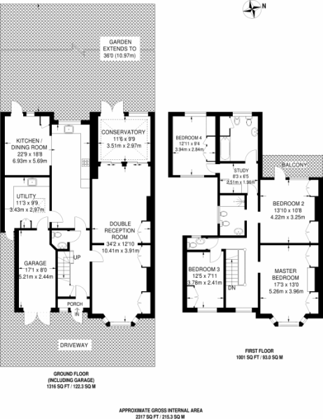 London 1930s semi renovation - Page 1 - Homes, Gardens and DIY - PistonHeads - The image depicts a technical architectural floor plan. It displays two different levels of a building, each with various rooms and features clearly marked. The left side of the plan shows part of the upper level, while the right side shows part of the lower level. Ranging from "Ground Floor" to "Bedroom 2," and a variety of rooms like "Conservatory," "Study," "Kitchen," and "Dining Room," each square is meticulously labeled with its specific purpose. Measurements for dimensions and area sizes are also provided. The plan includes additional notes such as garage details and a driveway layout. The style of the image is a blend of black and white, with utility areas, the garage, and ground levels in grey, and the upper levels in white, providing a clear distinction between the different areas of the building.