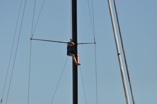 Celebrating 20 years of ... - Page 1 - Vipers - PistonHeads - The image depicts a person engaged in the sport of sailing, suspended from a tall mast of a sailboat. The individual appears to be hanging straight down from the mast. The sky in the background is blue, suggesting a clear day. The upper portion of the sailboat can be seen, with multiple sets of rigging leading to the top of the mast, indicating a larger, multi-mast boat.