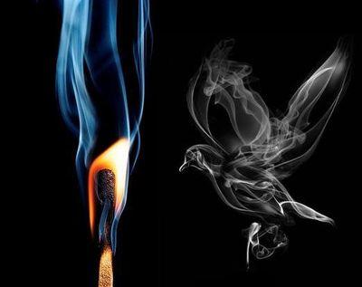 Pontinho - The image displays a close-up of a cigarette being burned. The cigarette has a bright, orange flame at the end and is emitting smoke through the blue and white parts of the image. There is a black representational graphic of a bird in the image as well, which adds a contrasting element against the orange flame. The image uses a dark background, accentuating the glow of the cigarette flame and the smoke. The overall style appears to be digital art, combining realistic and imaginative elements.