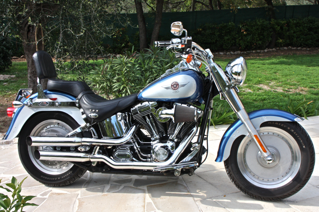 Pistonheads - The image presents a striking Harley Davidson motorcycle parked on a stony driveway. The motorcycle's design is classic, featuring a blue and white color scheme which contrasts with the motorcycle's silver and black frame. It has a prominent circular emblem on the body, indicative of the Harley Davidson brand. 

The motorcycle is positioned on a stone/cement area, indicating an outdoor setting. Behind the motorcycle, there is a neatly maintained lawn fenced with a low barrier, suggesting a residential area. The overall composition of the image emphasizes the motorcycle, highlighting its design and color scheme. The unexpected presence of the motorcycle in what appears to be a domestic setting suggests it could be a special event or the owner's passion for bikes.