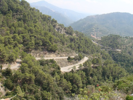 Pistonheads Turini Week - The image showcases a scenic mountain road winding its way through dense, lush greenery. The road, mostly hidden from view due to the vibrant foliage, contours and cuts through the side of a treeless mountain. In the distance, the vast expanse of a valley is visible, with another road twisting down hill, appearing small compared to the rugged mountain terrain. Above, the sky is a striking shade of blue, with a few clouds scattered across it. The overall scene is a testament to the beauty of nature and the engineering prowess used to build roads amidst challenging landscapes.