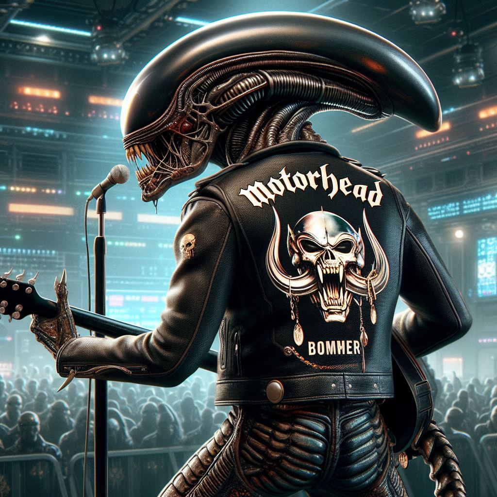 Pistonheads - The image features a highly detailed and realistic depiction of the Alien from the popular movie series "Alien". It stands on a stage with a microphone, dressed in a black leather jacket with a distinctive skull and crossbones design. The jacket bears the text "MOTORHEAD" and "BOMBER", hinting at a rocker persona. Behind the alien, there is an audience, suggesting that this could be a performance or concert scenario. The overall composition of the image gives it an immersive and cinematic feel.