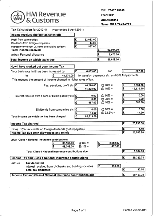 Mortgage help please SA302 - Page 1 - Finance - PistonHeads - The image is a financial document titled "Tax Calculation for 2010-11," which appears to be from HM Revenue & Customs, indicating that it pertains to tax returns in the United Kingdom. It contains various sections and tables detailing taxable income, Non-taxable income, Tax payable for the current year, and Total income received. There are also sections related to interest, dividends, and personal allowance. At the bottom, the page number is provided as well as the date the document was printed. It's filled with tables and numbers, with bold headings and rows for clarity.