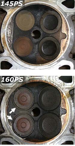 Road tuning a nitron equipped track orientated car - Page 1 - Elise/Exige/Europa/340R - PistonHeads - The image shows a photograph of an engine block with an overlay of explanatory text. It's a close-up view centered on a threaded cylinder, likely cylinder bores, which have wear marks and cooling channels. One part of the image is labeled "145PS," suggesting a measurement or quality standard related to the engine or machine part, while another part of the image is labeled "160PS," implying another measure or criterion.