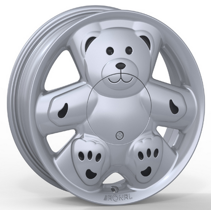 One single thing that makes you think "knob" Vol 3 - Page 90 - General Gassing - PistonHeads - The image shows a brushed metal hubcap, featuring a round, silver color, and embossed within its design is the shape of a smiling teddy bear. The teddy bear is the central element on the hubcap, with its open mouth as the smile and eyes as the only visible facial features. The bear's limbs are also discernible but seem to be part of the design rather than a playful animated figure. The brand name 'FINEMETAL' and a small round circular logo can be seen on the right side of the hubcap. The background of the image is simple, white, providing a contrast that makes the hubcap pop.