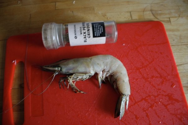 Photo of your dinner (vol 2) - Page 260 - Food, Drink & Restaurants - PistonHeads - The image shows a whole cooked shrimp with a dab of unidentified white substance on a red cutting board. To the side of the shrimp is a small clear container labeled with white text, partially obscured by the shrimp. The text on the container is not fully visible, but it appears to include the words "pepper" and "grinder," which might suggest that it contains some seasoning or spice. The background offers a glimpse into a kitchen setting, but the focus is on the shrimp and the container, which might be ingredients for a culinary preparation.