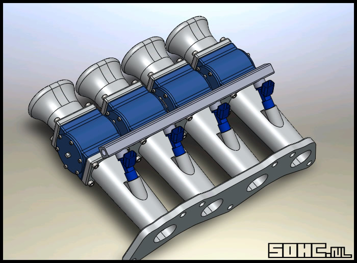 Airbox /throttlebodies - Page 1 - Speed Six Engine - PistonHeads - This image features a detailed 3D rendering of a piece of machinery. The object resembles a mechanical assembly or system, characterized by eight cylindrical structures connected in a common arrangement. These cylinders are color-coded: four are silver, while the remaining four are blue. The blue cylinders are joined together by clamping mechanisms, suggesting they may be pipes or similar components. The overall design suggests a complex and possibly industrial function.