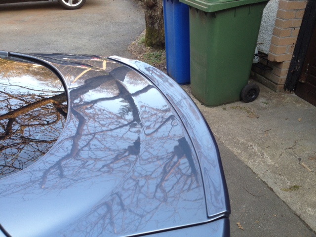 DBS wheels on DB9 - (more or less) - Page 1 - Aston Martin - PistonHeads - The image shows a close-up view of a blue car parked on a driveway. In the foreground, the car's side mirror and rear door can be seen. Beyond the car, garbage cans are placed near the curb, with two green and one blue trash can visible. A paved passageway leading to a building can be seen to the left. The photograph captures the reflection of a bare tree on the car's surface.