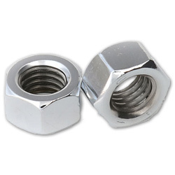 Young Scamp Deal Pistonheads - The image shows two hexagonal nuts against a white background. They appear to be made of a shiny metal, possibly aluminum or steel, and each nut has a series of threaded concentric circles that suggest they are designed to fasten parts together via screw down. The style of the image is a product photograph with a focus on the nuts, intended to highlight their features clearly. There are no texts or additional objects in the image.