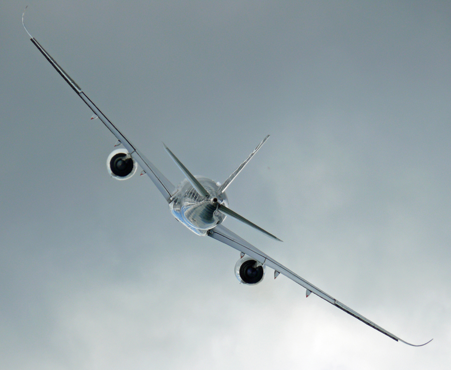 Anyone going to Flying Legends, Duxford or RIAT, Fairford this weekend? - General Discussion - Large Scale Modeller - The image shows a large airplane flying in the sky, with a view slightly below and to the side of it, indicating substantial altitude and speed. The airplane, painted in shades of white and blue, is an airliner commonly seen in commercial aviation. Its wings and engine nacelles are visible, and the engines are producing a slight contrail. Above the plane, the sky is partly cloudy with gray hues, suggesting variable weather conditions during the flight. The image captures the marvel of aerospace engineering, transporting passengers through the clouds.