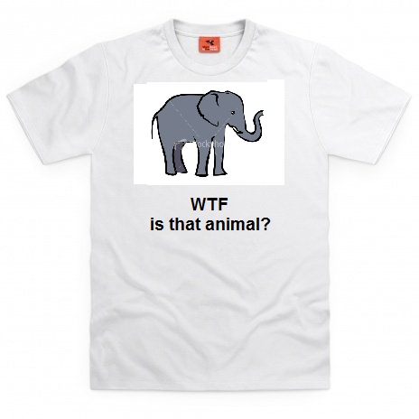 RE: Design a PH shirt, get paid - Page 1 - PH Shop - PistonHeads - This image features a white T-shirt with a graphic print on it. The graphic is a stylized depiction of an elephant, with a simple line drawing and a black outline. Above the illustration of the elephant, there is text in all capital letters that reads "WTF IS THAT ANIMAL?" The T-shirt is laid out flat, showcasing the design on the front. The orange tag at the neck serves as a hang tag, indicating that the shirt is new or part of an organized display.