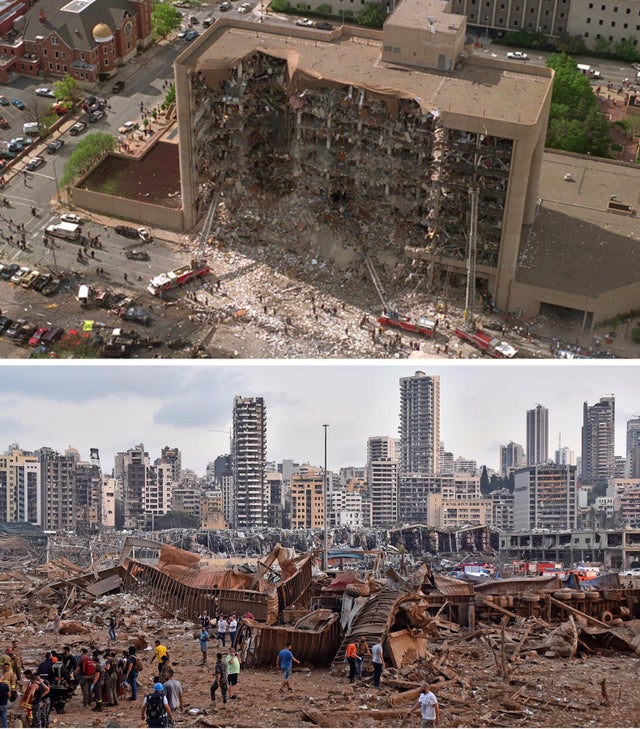 The Oklahoma City bombing (top picture) was about 2.5 tons of Ammonium Nitrate. The Beirut Port (bottom) was an estimated 2,750 tons.