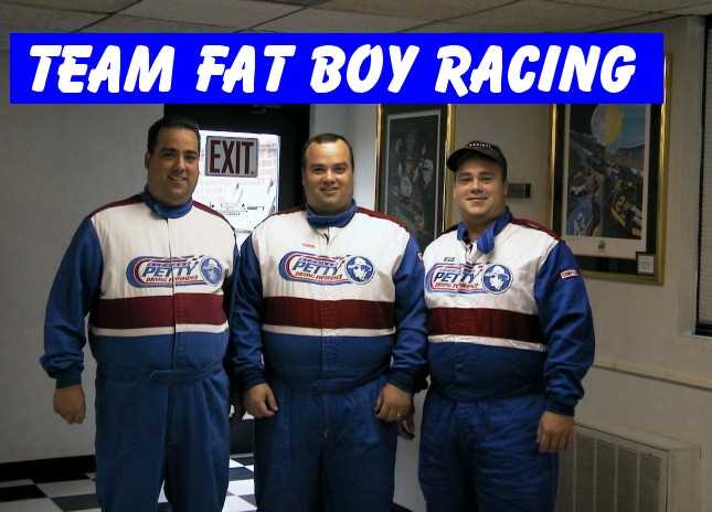 Large Radical Seat Required - Page 1 - Radical - PistonHeads - The image displays three men, presumably members of a racing team, posing together. They are dressed in matching racing suits with a prominent logo that appears to read "Prowler." The suits are designed with white and blue colors, and they each wear a cap with a logo. Behind them, there's an "EXIT" sign with a checkmark and a graphic of a glove. The overall setting suggests they are in an indoor racing facility or a simulation suite, indicated by the checkerboard floor and the portraits on the wall of racing cars and scenes. The text over the image reads "TEAM FAT BOY RACING," written on a gradient background that seems to drop down from the top of the image.