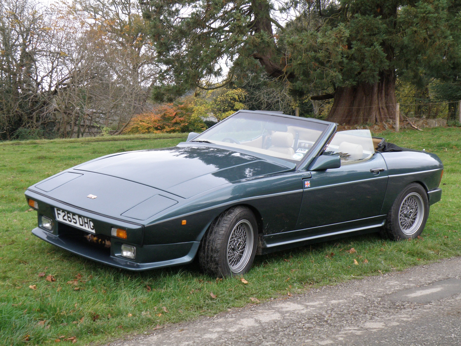 Random TVR pics - Page 376 - General TVR Stuff & Gossip - PistonHeads - The image shows a classic black sports car parked on a grassy surface, possibly on a driveway, with a clear sky and lush greenery in the background. The car has a prominent front grille with a badge design, and its hood is raised, revealing the engine bay. The vehicle is positioned diagonally to the perspective of the photo, with its front wheel slightly out of frame, indicating it is secured by its parking brake. There is no visible text or distinctive markings on the car, suggesting it could be a privately owned vehicle or possibly a special edition model.