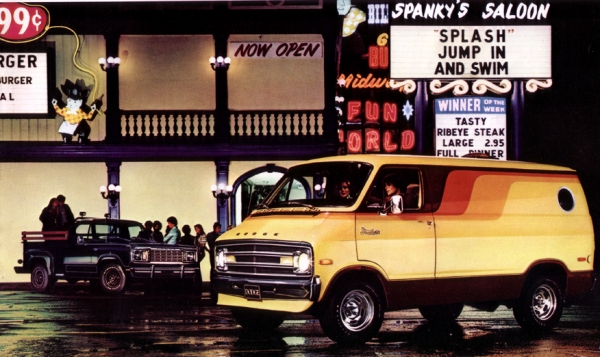 Re: PH blog: why vans rock - Page 4 - General Gassing - PistonHeads - The image is a vibrant, retro-styled magazine advertisement for a restaurant. The restaurant is named "Spanky's Saloon" and features a large jukebox in the background. A neon sign announces "SPLASH" in the foreground, accompanied by text advertising a hamburger and a large steak priced at $2.95. Two vintage cars, one blue and one big yellow van, are parked in front of the establishment, adding to the authenticity of the setting. The overall scene evokes a sense of nostalgia, highlighting both the food and the ambiance of the era.