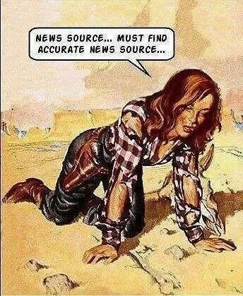 The image is a cartoon representation of a scene where a woman is searching for news. She is kneeling on sandy ground, dressed in a plaid blouse and a skirt, with one hand extended as if reaching out for something. There's a thought bubble above her head with the text "NEWS SOURCE... must find accurate news source..." This artistic representation provides a visual commentary on the pursuit of reliable information in the media landscape.