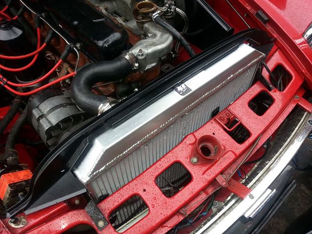 A close up of a luggage bag on a car - Pistonheads - The image shows a close-up view of a car's engine compartment. The hood of the car is partially open, revealing the complex engine mechanics. A particular focus is on the radiator grill that is inserted into slots in the front of the car. The grill appears to be secured with clips and features several parallel bars, likely designed for protection and airflow. The car itself has a glossy red body, partially visible in the background. The hood's paint has slight drips, suggesting it may have been recently painted. The overall scene gives a glimpse into the mechanical aesthetics of a vehicle's front end.