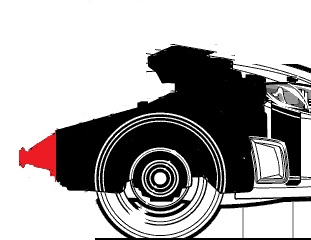 The image presents a striking black and white illustration of a car. The vehicle is viewed from a perspective where the front is slightly tilted upward, adding dynamic interest to the composition. 

The design emphasizes the symmetry of the car, particularly the wheel and the red light, which seems to be a tail light, adding a pop of color to the otherwise monochromatic piece. The car's form is sleek and streamlined, with an elongated hood that stretches horizontally across the frame. The wheels, with their distinct circular patterns and curved lines, add a sense of motion to the image.