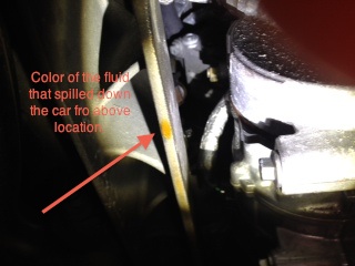 Car spilling fluid- - Page 1 - Aston Martin - PistonHeads - This is a close-up black and white photograph focusing on a car's engine area. The image is annotated with two texts in red: one red arrow pointing to a yellow spot and another text indicating the picture is to illustrate "Color of the fluid that spilled down the car fro stove-location". The engine and surrounding parts are visible, giving an impression of a mechanical underbody view. The background is dark and out of focus, drawing attention to the highlighted area.