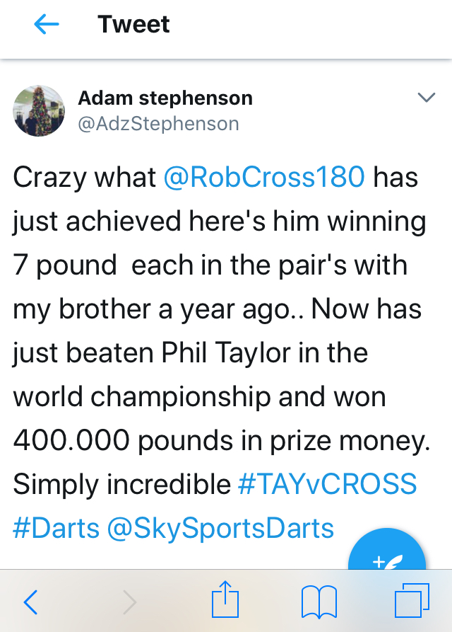 World Darts Championship at Ally Pally!  - Page 23 - Sports - PistonHeads - This image is a screenshot of a tweet by a user named Adam Stephens. The tweet is a humorous statement about a sports competition, mentioning @RobCroz180. The tweet humorously suggests that the competition was just for fun and that there are no actual stakes, despite the large prize of $400,00. It's a lighthearted take on the competitive nature of sports and the apparent lack of importance surrounding the event. The alternative hashtags, indicating that it is part of a active conversation or commentary.