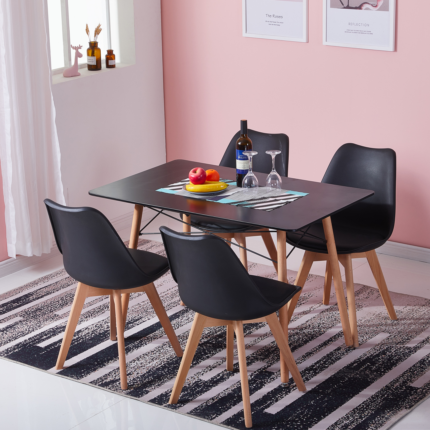 Dora Household Table à Manger Rectangulaire en Bois Salle à Manger Scandinave Table en bois à quatre pieds 110*70*73cm -Noir