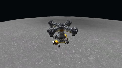 Kerbal Space Program - Page 1 - Video Games - PistonHeads - The image shows a satellite or a modular or mechanical object positioned in the space above a moon-like grey surface. The object is robust, metallic, with multiple appendages or arms that spread out, suggesting it may be deployed or maneuvering. The background is dark with a textured surface, reminiscent of a terrestrial crater or lunar surface. The colors are predominantly dark grey or deep black, giving a sense of space or deep depth. There are no texts or indications of human activity visible in the image. The style of the image is digital art or a photorealistic simulation, likely meant to represent a scene of exploration or economic activity in space or on another celestial body.