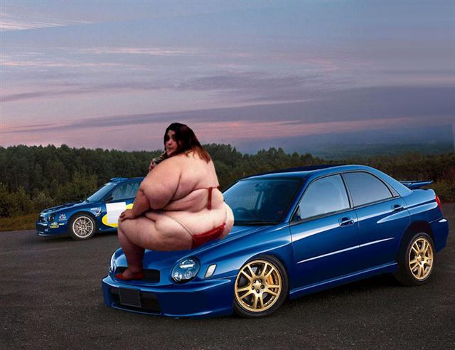 Pistonheads - This image depicts a woman sitting on the hood of a small blue sports car. The car is sleek, with a shiny finish, and features a prominent front grille. The tire rims have a gold trim. There is another car in the background, suggesting a setting at a car show or exhibition. The sky is painted with hues of purple and white, indicating either a sunrise or sunset.