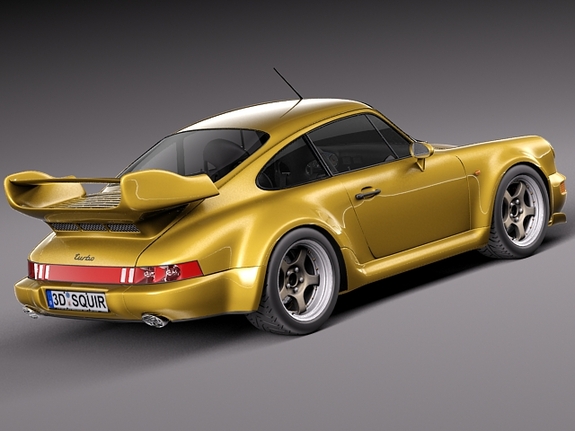 Better than a Speedline ? - Page 1 - Porsche Classics - PistonHeads - The image showcases a gold-colored car with a sleek, aerodynamic design. It features a sporty two-door coupe style with a long hood, short rear, and a wide stance. The car is parked on a gray surface, allowing the bright color to stand out. The image is a realistic rendering rather than a photograph, with attention to details such as the spokes on the wheels.