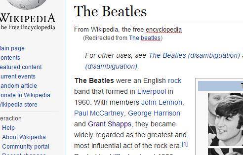 Sean Connery Joke Thread (Vol 7) - Page 413 - The Lounge - PistonHeads - The image appears to be a screenshot from Wikipedia, specifically the Wikipedia page for "The Beatles." The page includes information about the band's origins, their early years, and how they rose to fame as an English rock band. It also mentions that Paul McCartney and George Harrison were The Beatles' leading influence and that most of their hits were written in Liverpool. The screenshot includes a right-side column with search functions and a tab for disambiguation, and a small Wikipedia logo is visible in the upper left. The page is titled "The Beatles," confirming the content's subject matter.