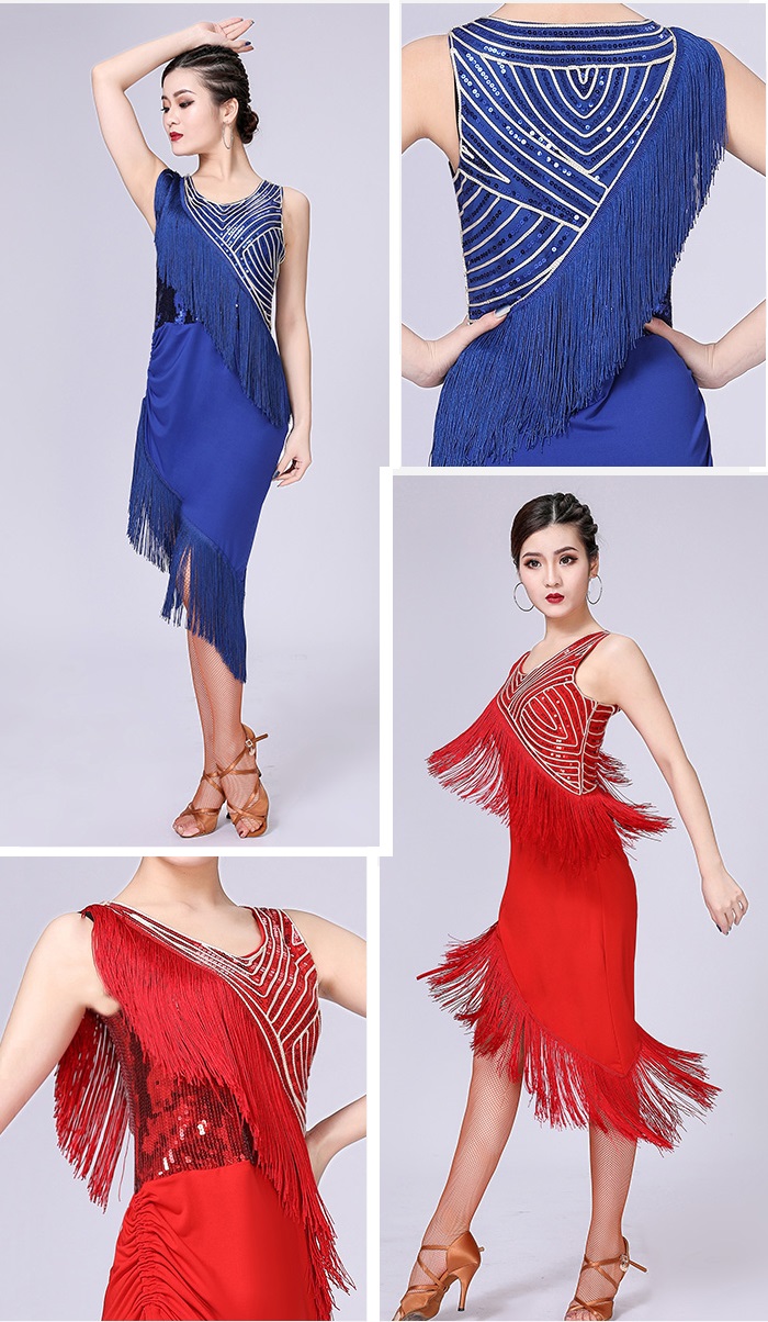 HJ2844# Latin Dance Costume Fringe Lace Microfiber Dress 5 Colors 3 Sizes