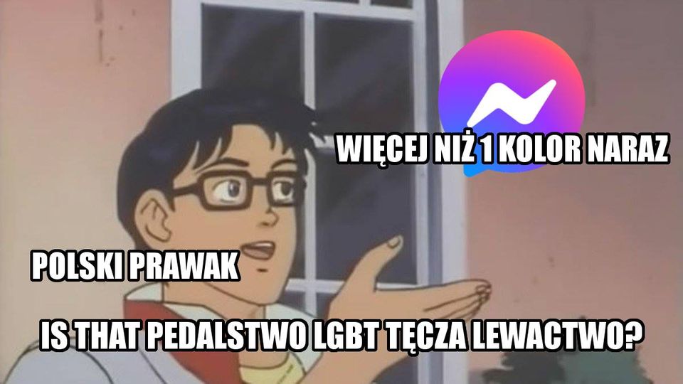 Obraz może zawierać: ‎mem, ‎tekst „‎ك元 WIĘCEJ NIŻ 1 KOLOR NARAZ POLSKI PRAWAK IS THAT PEDALSTWO LGBT TĘCZA LEWACTWO?‎”‎‎