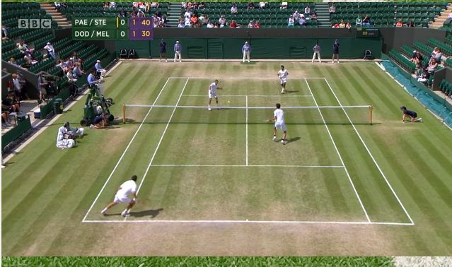 A tennis match with a crowd of people watching - Pistonheads - This image captures a dynamic tennis match. The court is full of action, with players scattered across the field, engaged in rallies. The net, which runs across the center of the court, is a stark contrast to the players and the greenery. In the stands, spectators can be seen watching the match, their figures small in comparison to the players on the court. The match appears to be a doubles game, since two teams of two players each are visible.