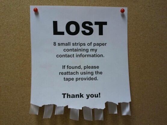 A photograph of a paper notice on pins to a cork noticeboard by a red stick pin in each of the top corners.  The bottom of the notice is torn and has eight strips of sticky tape hanging from the bottom.  

The text on the notice is as follows:
LOST
8 small strips of paper containing my contact information. 
If found, please reattach using the tape provided. 
Thank you!