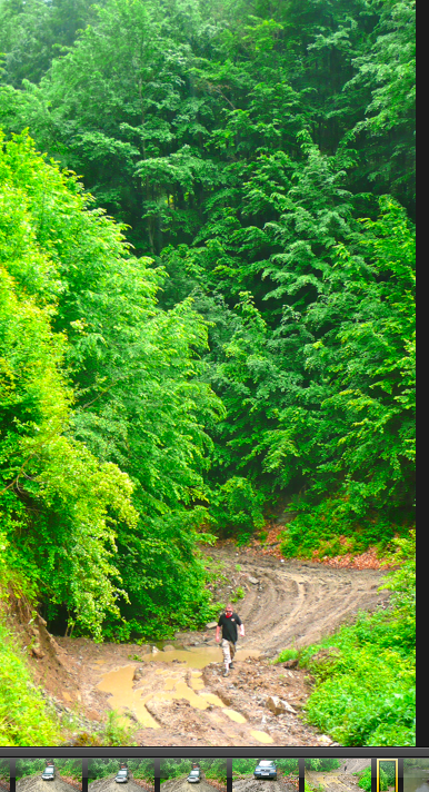 Little overnight trip to the Balkan range - Page 1 - Off Road - PistonHeads - The image displays a person walking by the side of a muddy road that is bordered by lush green trees. The individual, visible from the waist up, is dressed in casual attire suitable for outdoor activities. The cliffside landscape tells of a rural setting, with trees growing densely along the path. The dominant color in the image is a verdant green, indicating a location in a season when trees are lush.