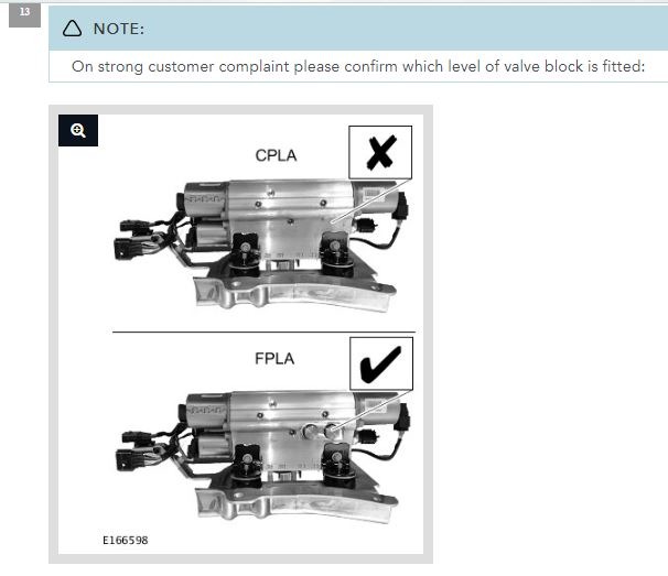 L405 SDV8 Front Suspension Knocking - LTB00557v8 - Help! - Page 1 - Land Rover - PistonHeads - The image appears to be a screenshot from a user interface, possibly from a technical manual or a computer-aided design (CAD) software. It features two different configurations for a piece of equipment or system, both labeled as CPLA (Cartridge Pressure Loader Auto) and FPLA (Cartridge Pressure Loader Manual), suggesting a customer complaint inquiry process. The presence of a warning sign at the top of the image, along with a text box stating "On strong customer complaint please confirm which level of valve block is fitted:" implies that there may be customer concerns or a need for clarification regarding the valve configuration of these automotive or industrial components. The text box also mentions a catalog number, which might be useful for further identification of the parts in question.