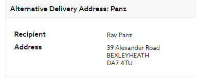 Tell Us Something Really Trivial About Your Life (Vol 34) - Page 8 - The Lounge - PistonHeads - The image displays a notification that an item has been delivered. It's a screenshot, likely from a delivery service app or website. The message is written in English and includes details such as the name "Rav Panjwani" at the address "60 DALYEUTH ROAD, DA4 4TU". The notification indicates that the recipient has been notified via text message. At the top of the screenshot, there's a header that reads "Alternative Delivery Address", suggesting the item might have been sent to an alternate location instead of the original one. The bottom of the image shows a street view with a clear sky and trees in the background.