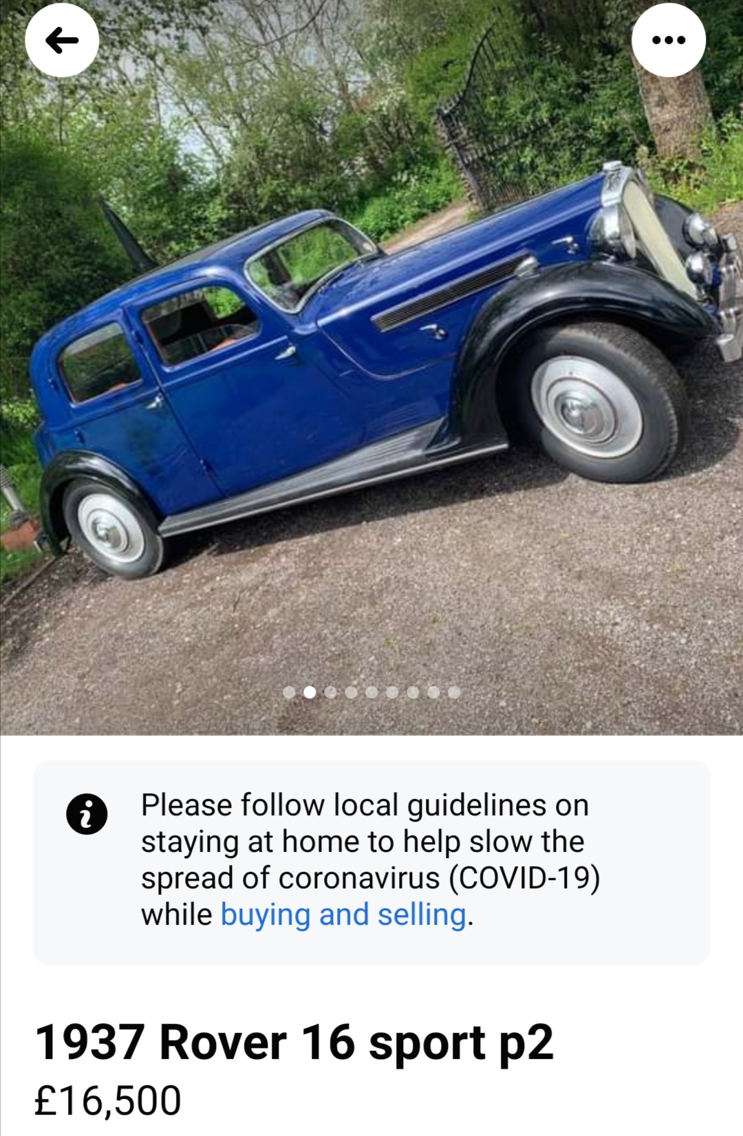 Best smoker barges 1-5 large [Vol 18] - Page 463 - General Gassing - PistonHeads UK - The image shows a vintage car parked on a driveway. It is a blue vehicle with a classic design, likely from the early to mid 20th century. The car has a shiny finish and appears to be in good condition. In the bottom right corner of the image, there's a price tag indicating the car is for sale, though the specifics are not visible. Additionally, there's a description of the vehicle stating it's an "1937 Rover 16 Sport P2." At the top left corner of the image, there's a text that seems to be a screenshot or a social media post with a message saying, "Please follow local guidelines on visiting the car. Thank you." This implies that viewers should adhere to any restrictions in place regarding viewing the vehicle, possibly due to health or safety concerns.