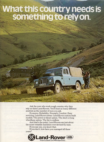 RE: New Defender Concept From Land Rover - Page 21 - General Gassing - PistonHeads - The image is a vintage advertising or promotional poster for Land-Rover. It showcases a driver loading a land yacht onto the back of a Land Rover utility vehicle. The vehicle is on a grass-covered hill with the backdrop featuring rolling green hills and grass, suggesting a countryside or rural setting. The text in the image poses the question "What this country needs is something to rely on." This phrase, along with the image of the driver with the land yacht, could imply that the Land Rover truck is reliable and suitable for rural and outdoor activities.