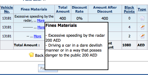 Pistonheads - The image captures a portion of a vehicle registration fee table. It lists two vehicles, a Honda and a Suzuki, with their respective registration labels. An annotation box is highlighting a line in the table explaining that the vehicle registration fee option for "Excessive speeding by the radar" includes a fine of AED 200, with driving in a "dare devilish manner" or in "a way that possesses danger to the public 200 AED." The decision about the color of the vehicle plates is notified here.