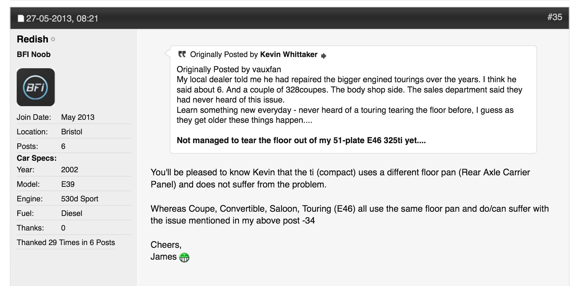 E46 330CI - Page 2 - General Gassing - PistonHeads - The image shows a screenshot of a social media post from a platform called BFI NOOB, likely indicating a user is new to the fashion or dress industry. The post seems to be discussing repairs of the bigger engineered tourings over the years. The user mentions that the tourings through the years have generally deteriorated over the years in terms of maintenance and equipment usage. They also mention that the cost of maintenance has significantly invested. The post seems to be addressing the concerns of a community that uses the E525TI yetib.