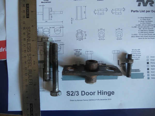 door hinges  - Page 1 - S Series - PistonHeads - The image features a flat piece of metal, labeled with various measurements, parts lists, dimensions, and other specifications. There are bolt holes in the metal, each accompanied by the size of the corresponding bolt. Above the metal, there is a segment of a tape measure, indicating one leg is resting along a rectangular object and the other is extended upward. On the right side of the image, there is a single bolt, showcasing its size and design. The image also includes a text box that provides additional information about the components and their specifications. The worksheet is labeled "SC23 DOOR HINGE," suggesting it is a diagram for a hinge assembly. There is also a credit to an entity named "KARMAN FARMES OAGLID-TUR DECEMBER 2010."