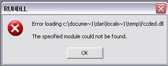 Annoying Virus Pistonheads - The image displays a computer screen showing a failure to load error message. The error message is red and states "Error loading c:docume1danlocalstemp revenge executable". Beneath the error message, there is a sentence in grey text that reads "The specified module could not be found." On the right side of the error message box, there is a button labeled "OK". The style of the image is a digital screenshot typical for computer operating systems, indicating a focus on user interface presentation.