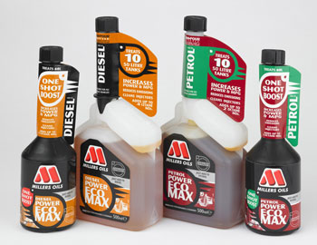 Terraclean. Anyone tried it? - Page 3 - General Gassing - PistonHeads - The image shows a collection of six different bottles of Max power eco-friendly cleaners, which appear to be oil and fuel products. The bottles are arranged in two rows in front of a plain white background. The products at the top of the image bear the brand name "Maxillers One-Shot Oil Treatment," suggesting that they are specifically designed for oil treatments, as indicated by the words "OIL TREATMENT." The bottles underneath are labeled "MILLERS MULTI OIL 5W: POWER MAX," hinting that they are motor oil products likely targeted toward blends that add power. The colors of the bottles are uniform across the various products, with orange, green, and black being visible. The labels also highlight that the products are designed to reduce emissions and improve fuel efficiency.