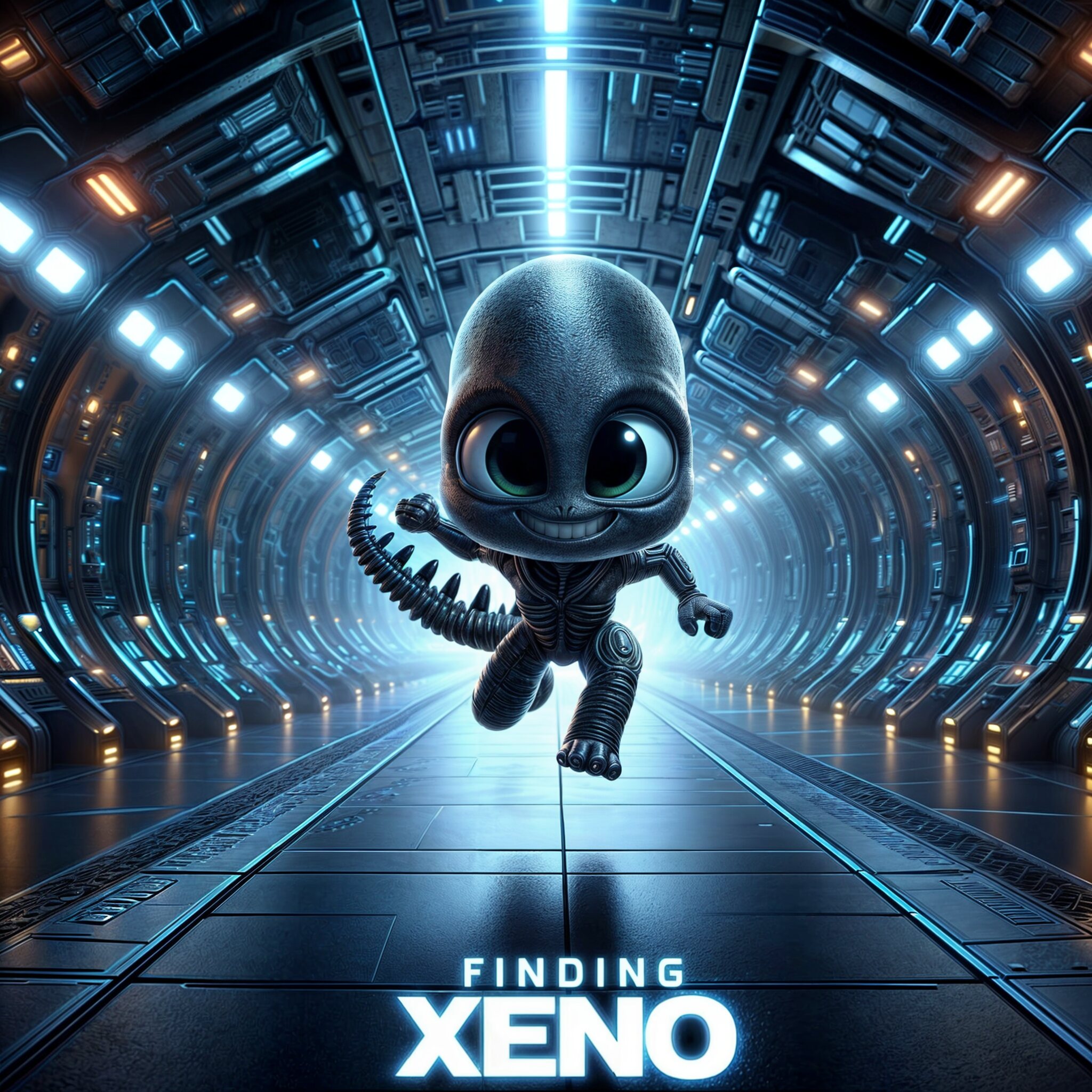 Pistonheads - The image is a promotional poster for the movie "Xeno." It features an animated character in the center of a corridor with futuristic designs, running towards the camera with a joyful expression. The corridor has glowing lights and metallic walls, indicative of advanced technology or an alien environment.