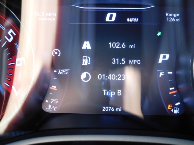Hellcat good mpg...and not so good - Page 1 - Yank Motors - PistonHeads - The image captures a scene inside a vehicle, specifically focusing on the instrument cluster. The dashboard displays several key pieces of information. The central gauge indicates a 95% charge level of a 16.5-MPG average, suggesting that the vehicle is energy-efficient for its size. Below that, the readout shows a speed limit of 102.6 miles per hour and an altitude setting of 3113. The time display indicates it's 9:47:23, with the words "TRIP B" suggesting that this readout pertains to a travel trip. In the lower part of the dashboard, there's a gasoline level indicator, showing a near total depletion of fuel, highlighted by the word "Trip B" next to the 0.3 mark. The overall lighting of the dashboard suggests that the vehicle is either parked or at a stoplight during the day or in a well-lit environment.
