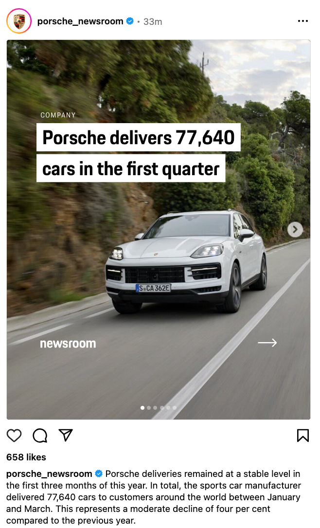 Pistonheads - The image shows a screenshot of an Instagram post. At the top, there is a headline in bold letters that reads "Porsche delivers 78,000 cars in first quarter". Below this text, there's a photograph of a Porsche car being transported by a truck. The car is visible through the truck bed. On the bottom left corner of the image, there's an Instagram handle "@porsche" and the number "78,000". To the right, there's a social media post from "Porshe Newsroom" that reads: "Newspaper advertisement for Porsche 911 GT2 RS in the UK. #Porsche #Newsroom". The overall image is a collage of text and images related to Porsche.