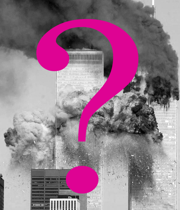 This is a black and white photo of the World Trade Center towers with billowing smoke clouds indicating a disaster. The sky is filled with smoke while debris particles can be seen in mid-flight. Text in the center of the image houses a large question mark in purple, suggesting a call to inquire about the event.