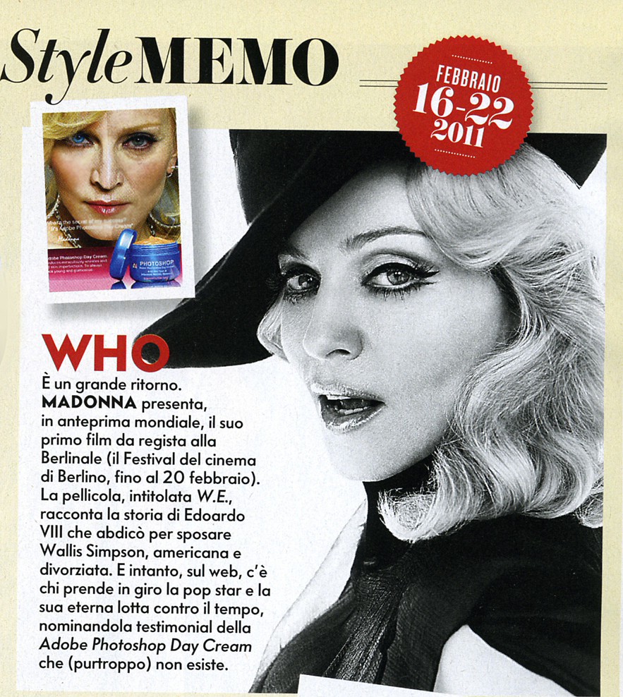 The image is a magazine cover with a vintage theme, reminiscent of a style meme. The dominant photograph features a woman dressed in a black outfit, including a hat, and her face is prominently displayed in a close-up. The woman has distinctive silver hair and makeup, giving her a glamorous appearance. Above the photograph, on a yellow background, is a sticker with red borders and text that reads "febbraio" and "16-22 2011", indicating a February-related context. On the left, there is a smaller inset image showing a woman with blonde hair. The headlines "WHO" and "E un grande ritorno." translate to "A very big comeback." with accompanying text discussing a grand return to fashion by Madonna, linking her style to Italy and a film festival in Berlin. Below these texts are several lines providing more information about the history of black color in film and Madonna's association with various brands and causes, including Adobe Photoshop Day Cream and a random e-mail forward from 2005. It appears to be an analysis comparing Madonna's influence on fashion with that of earlier Italian cinema.