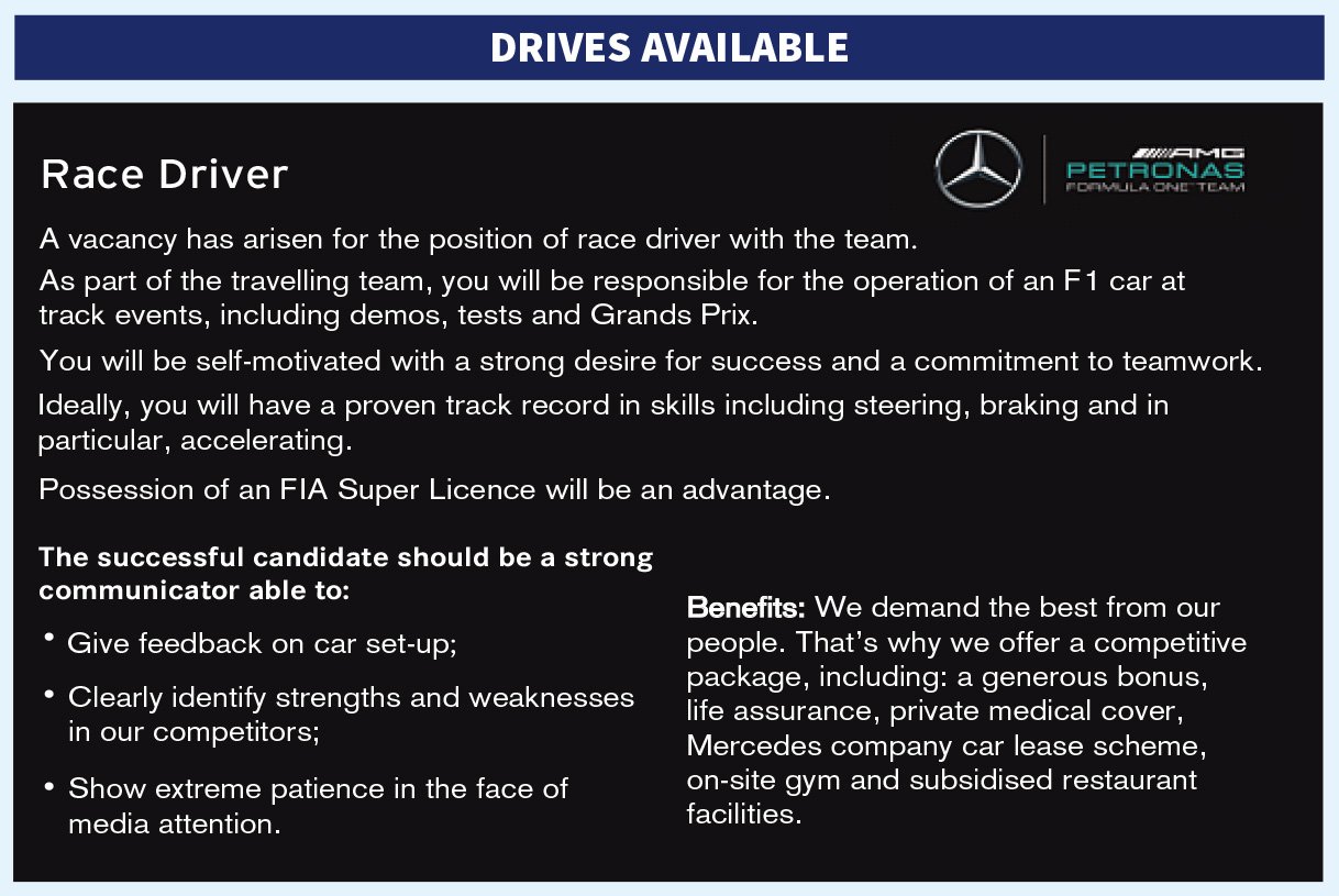 Who will replace Nico - Page 19 - Formula 1 - PistonHeads - This is a promotional image advertising a race driver for a position within a team. It mentions that the driver has a proven track record and skills, including steering tracking, braking and in particular, accelerating. The driver is sought after for an F1 car, which is a super license. The candidate will gain possession of an F1 Super License after a period of time. Benefits offered are opportunities to participate in extreme sports, adventures in third world places, and an on-site gym and subsidized restaurant.